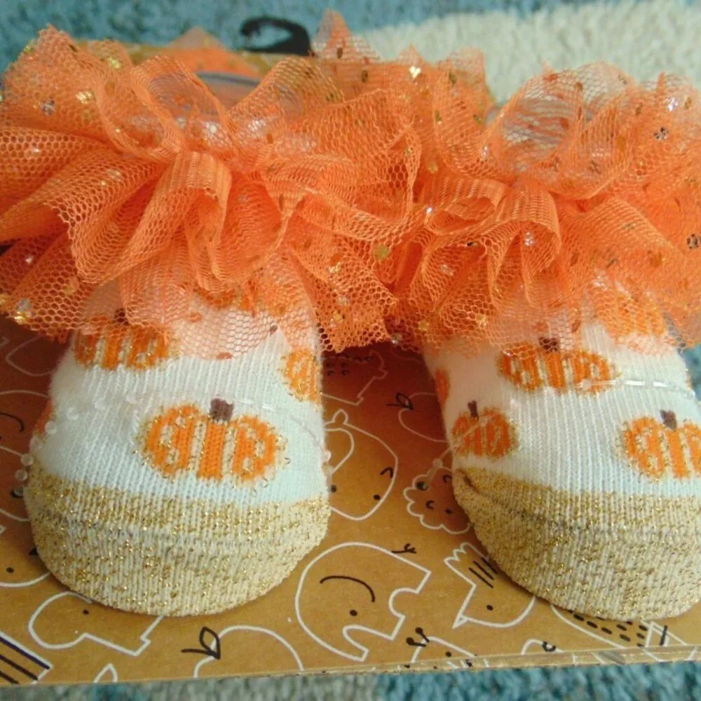 Halloween Booties & Headband 0/6 months Orange White Pumpkin 2 Pc Girls Infant